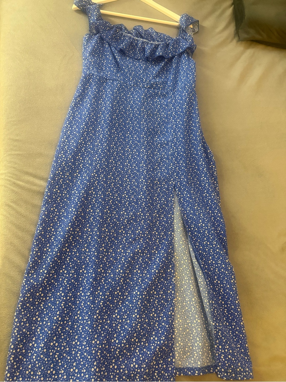 SHEIN Blue Floral Ruffle-Trim Maxi Dress with Side Slit